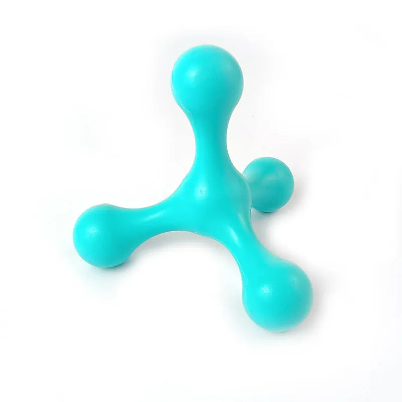 Three-legged silicone chew toy for dogs in blue, green, purple, red colours