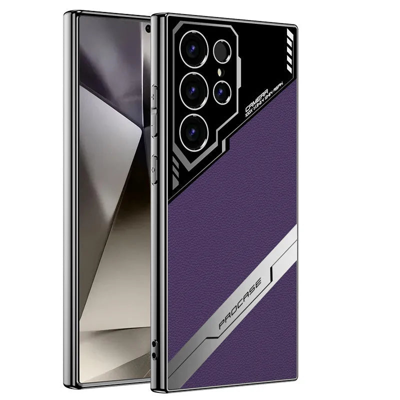 Samsung S24 Ultra and S23 Ultra phone case in electroplated TPU with leather-style finish, shown in Carbon Fibre Pattern.