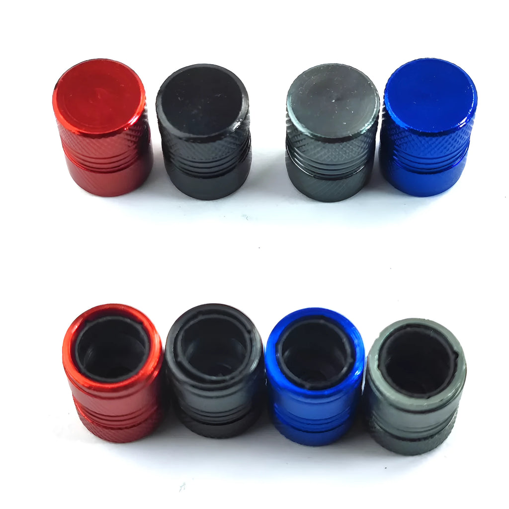 Aluminium car tyre valve dust protection caps in black blue grey red colours