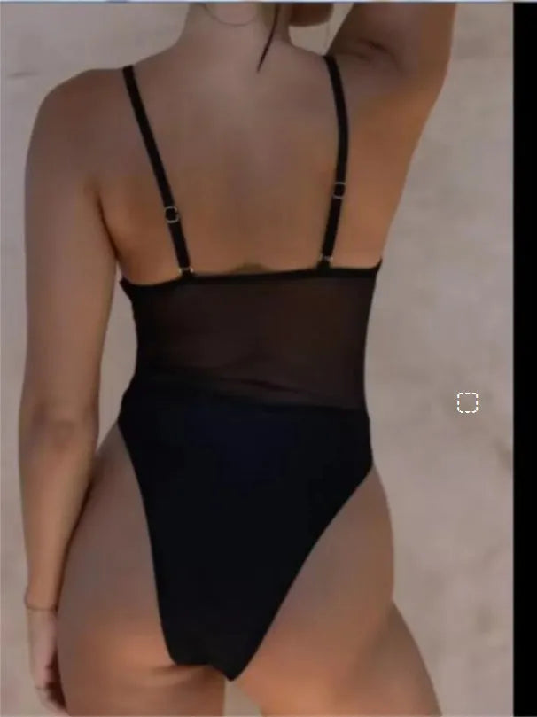 Women's black quick-dry polyester banded bikini style one-piece swimsuit for beach