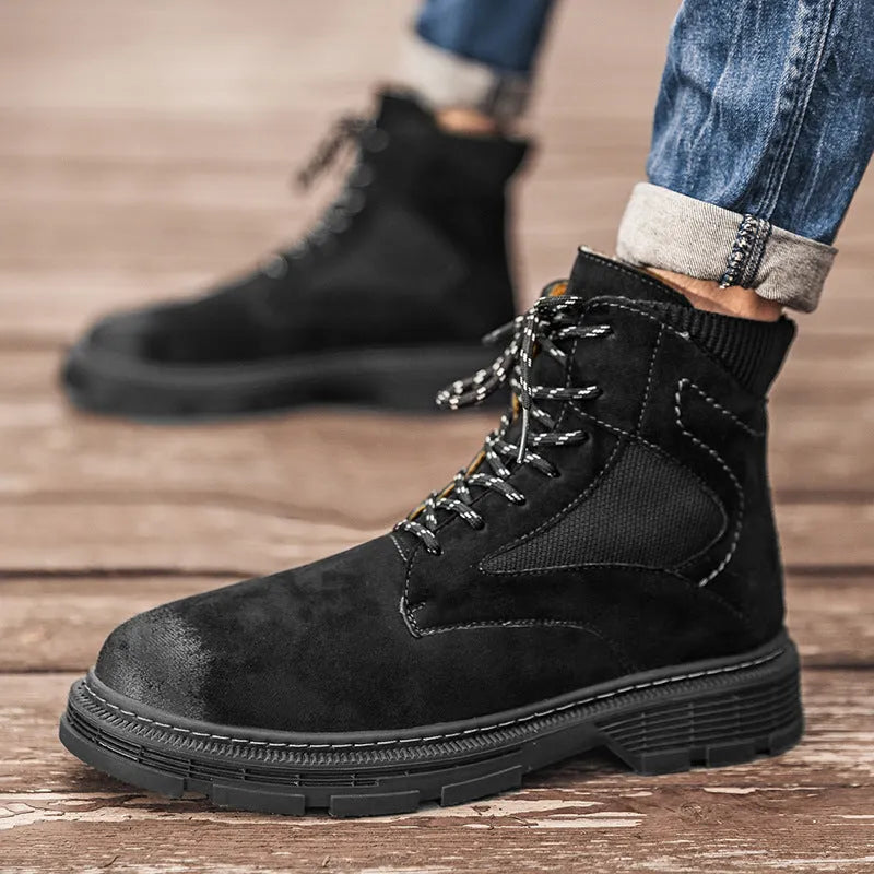 Men's vintage Martin boots in sand colour with frosted leather texture and thick rubber sole.