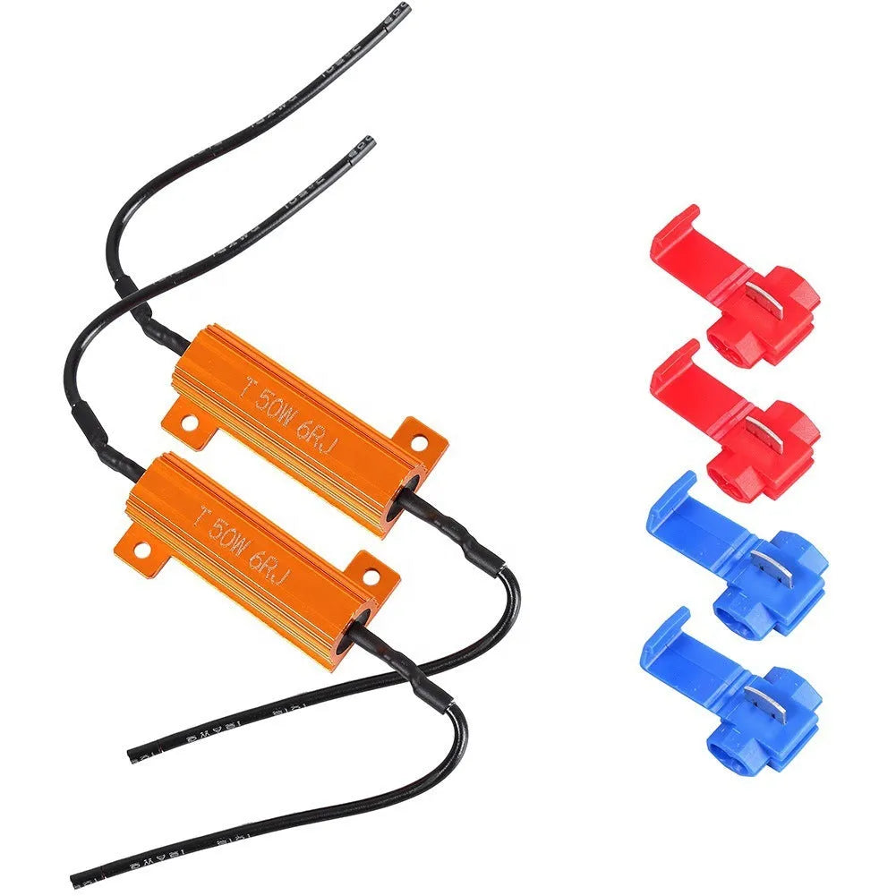 Two gold-coloured aluminium case LED load resistors with four connection clips for car installation