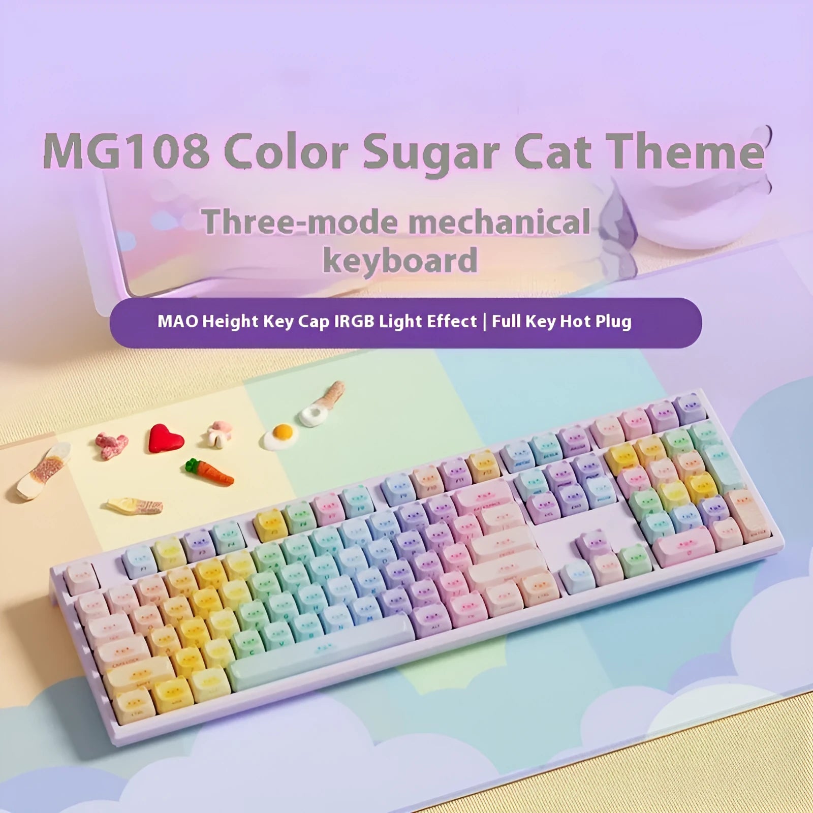 MG108B coloured candy cat mechanical keyboard with Bluetooth connectivity on desk