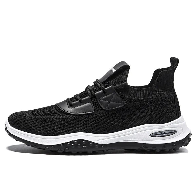 Black and brown low-top Flyknit running shoes with mesh panels and a flat plastic sole.
