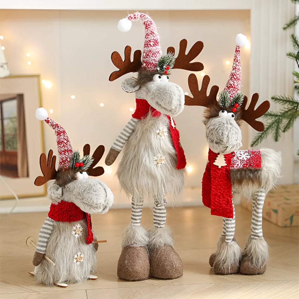 Cartoon plush elk decoration with retractable design in grey sled elk style, made from soft cloth for Christmas home décor.