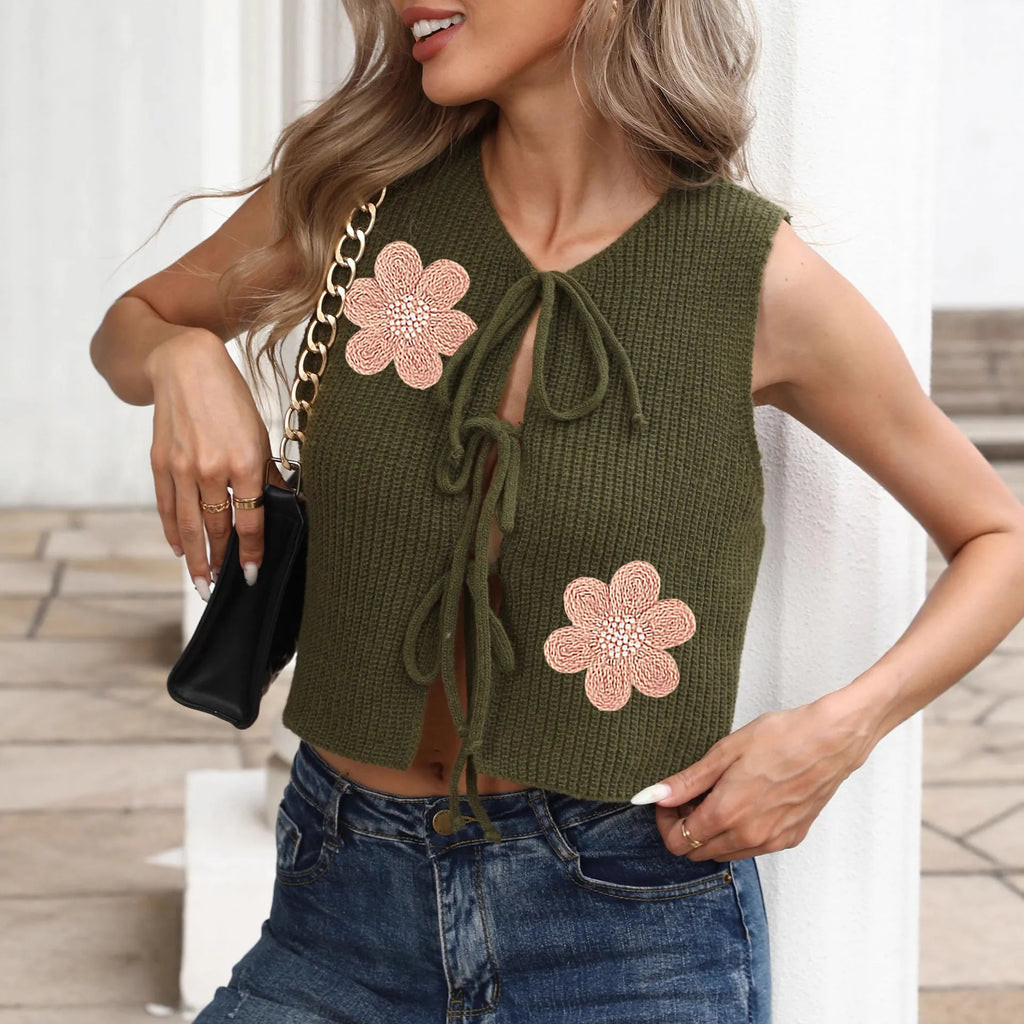Women's sleeveless vest coat with floral lace-up bow design in deer plush polyester fabric