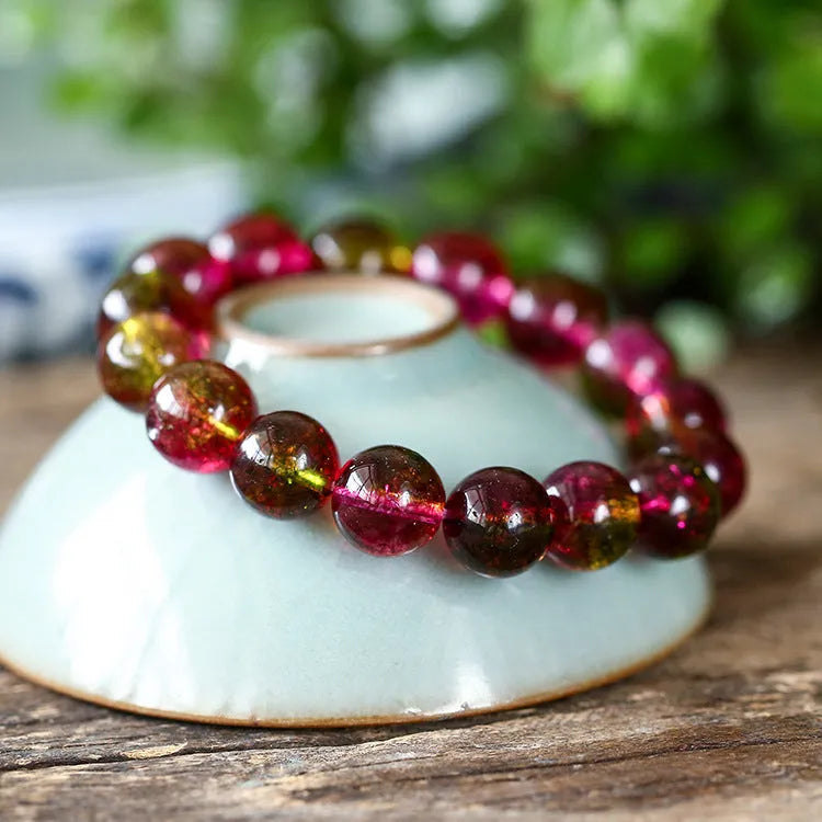 Handmade watermelon crystal bracelet showing crystal beads in pastoral casual style