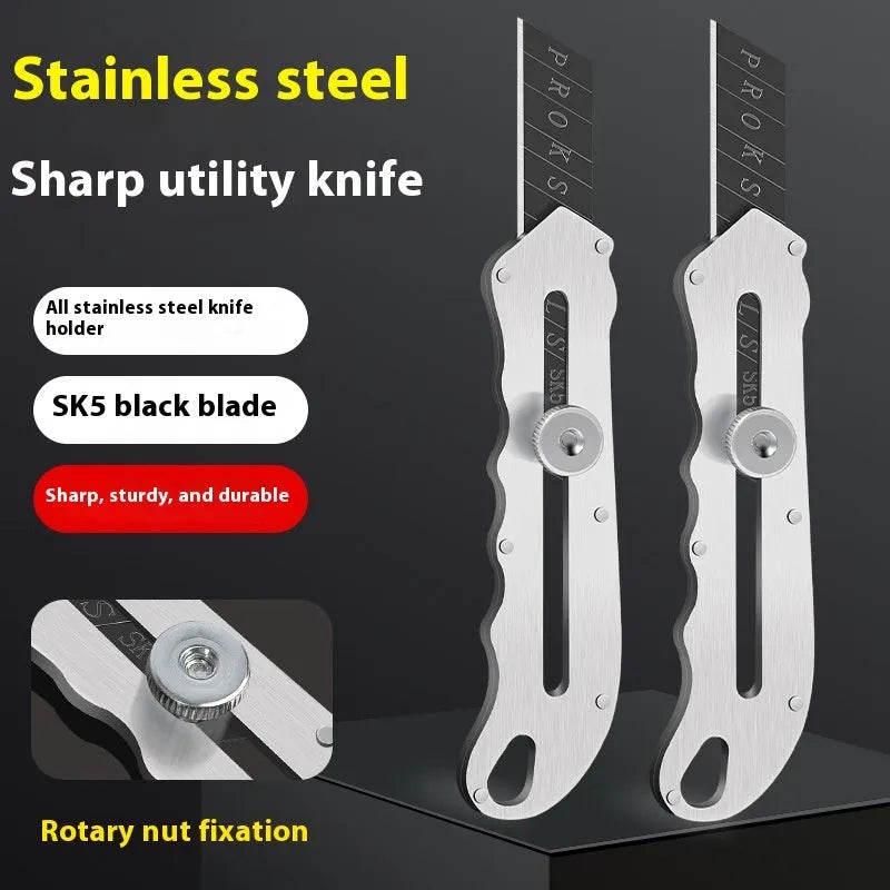 Stainless steel folding utility art knife with black blade and a pack of spare blades.