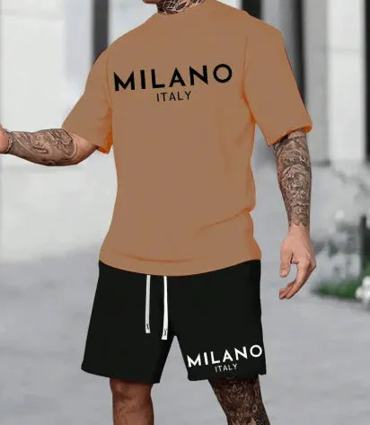 Polyester short sleeve suit set with round neck top and matching shorts in European American style