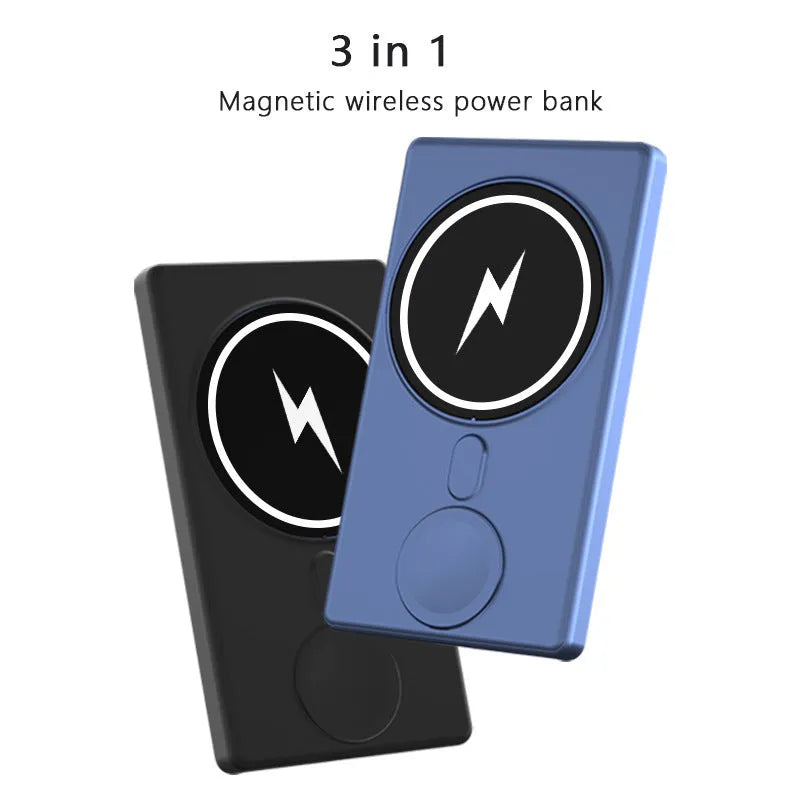 Black three-in-one magnetic wireless charging power bank showing USB port and charging surface.