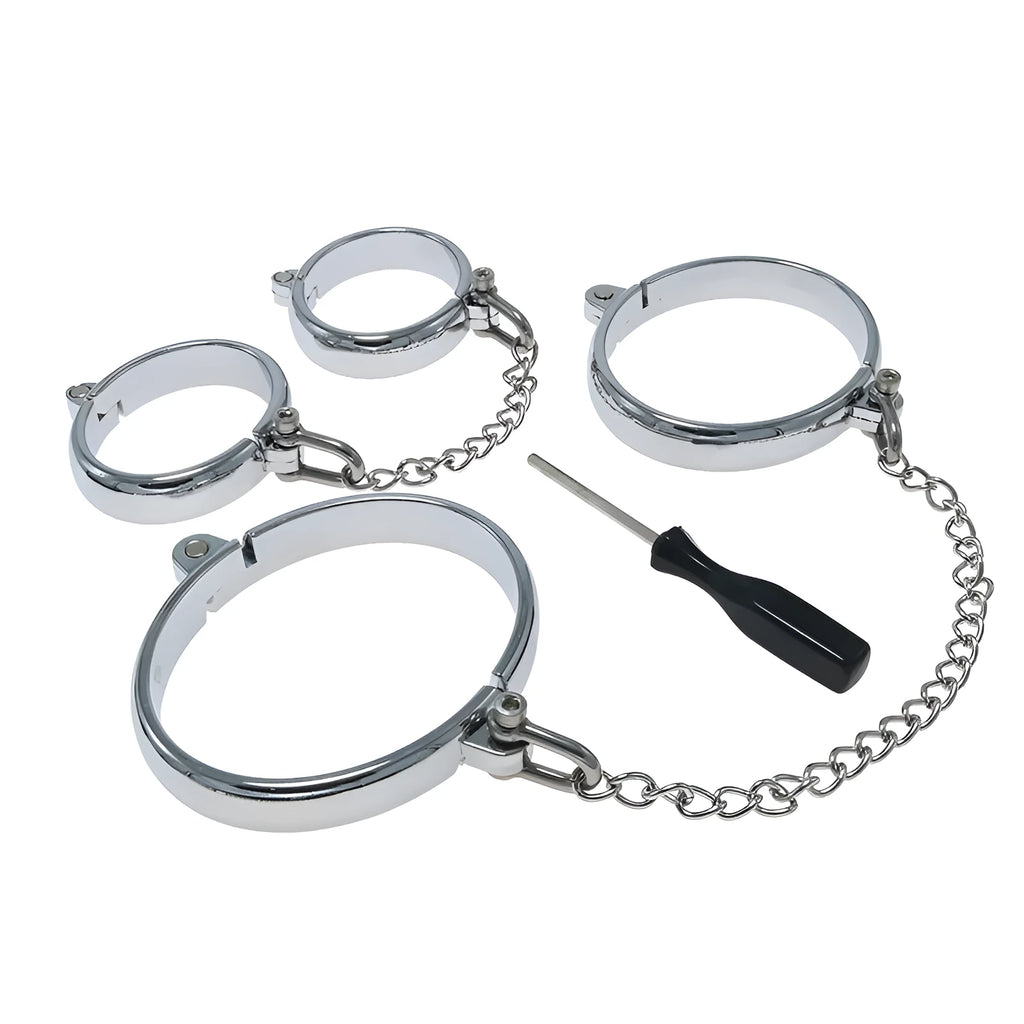 Silver zinc alloy handcuffs and footcuffs set with stainless steel bracelet for adult novelty use