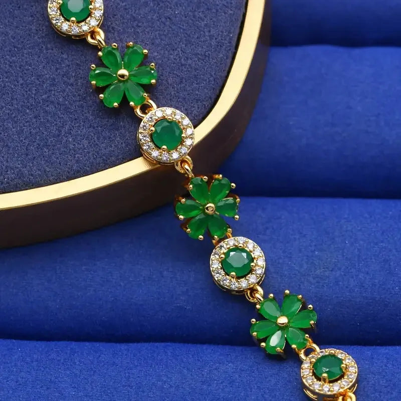 Romantic Flower Design Green Zircon Bracelet Copper Real Gold Plating Micro Inlaid Zircon Affordable Luxury Style Floral Jewellery for Women