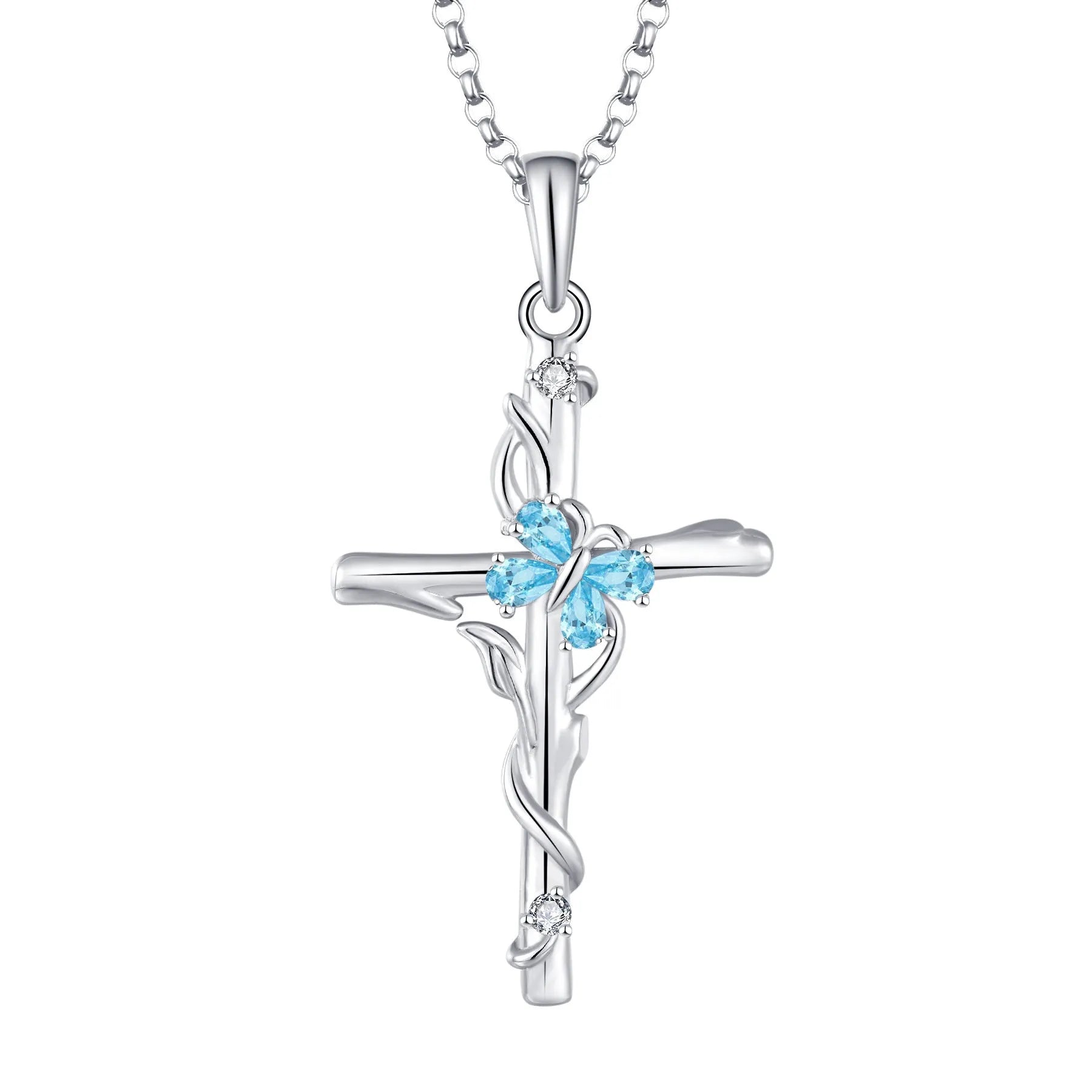 Sterling silver cross pendant necklace with zircon stones – S925 silver women's jewellery in aquamarine colour