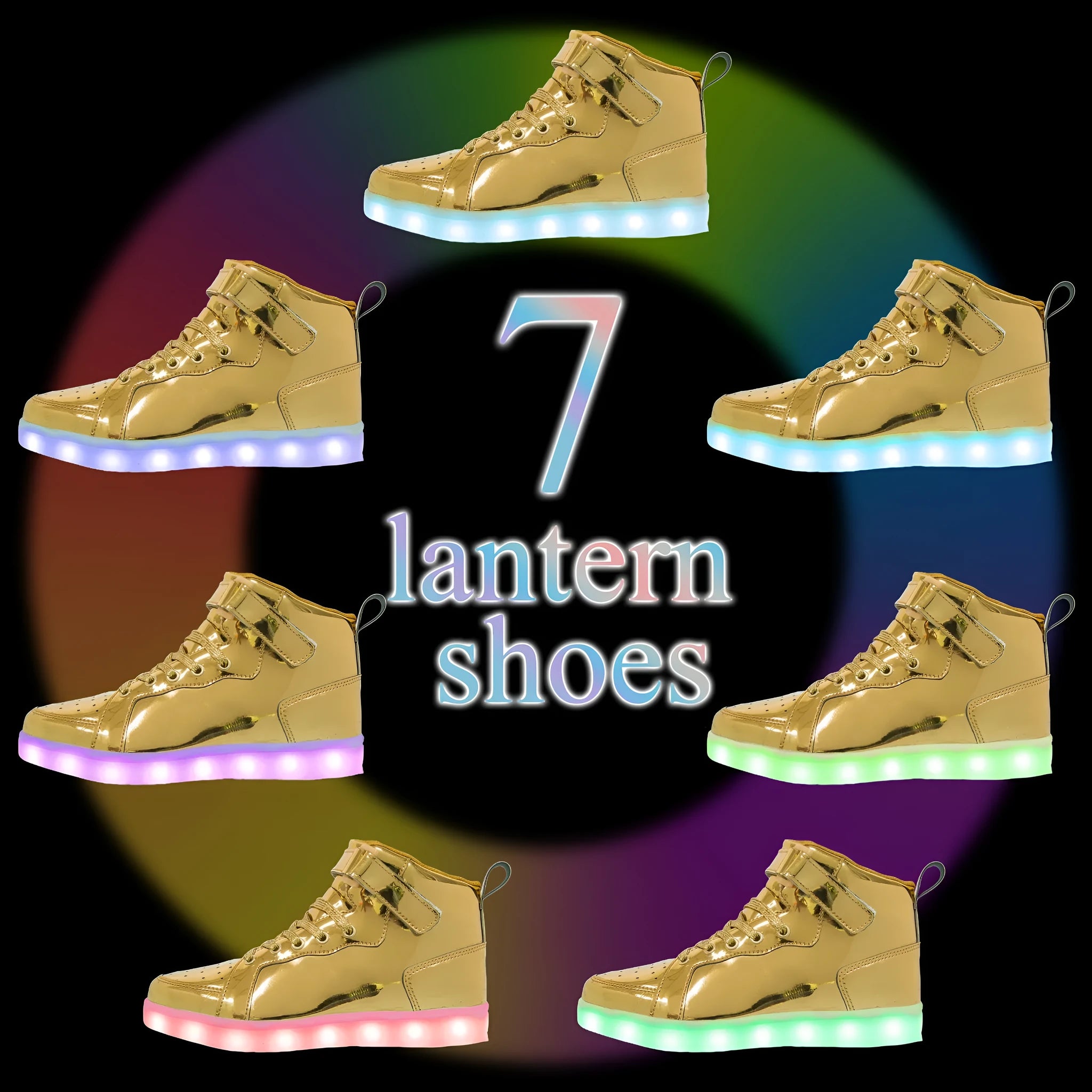 Unisex black high-top LED light-up shoes with velcro straps and glowing soles.