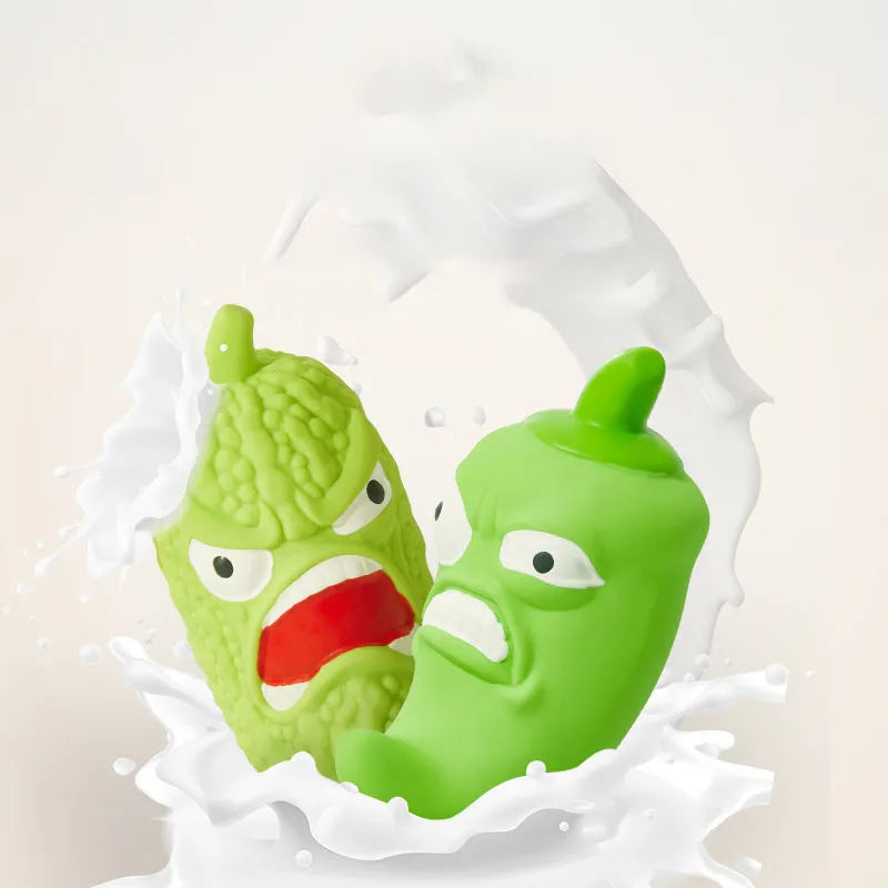 Interactive dog chew toy with pet sounds in bitter gourd or chili shape for teeth grinding