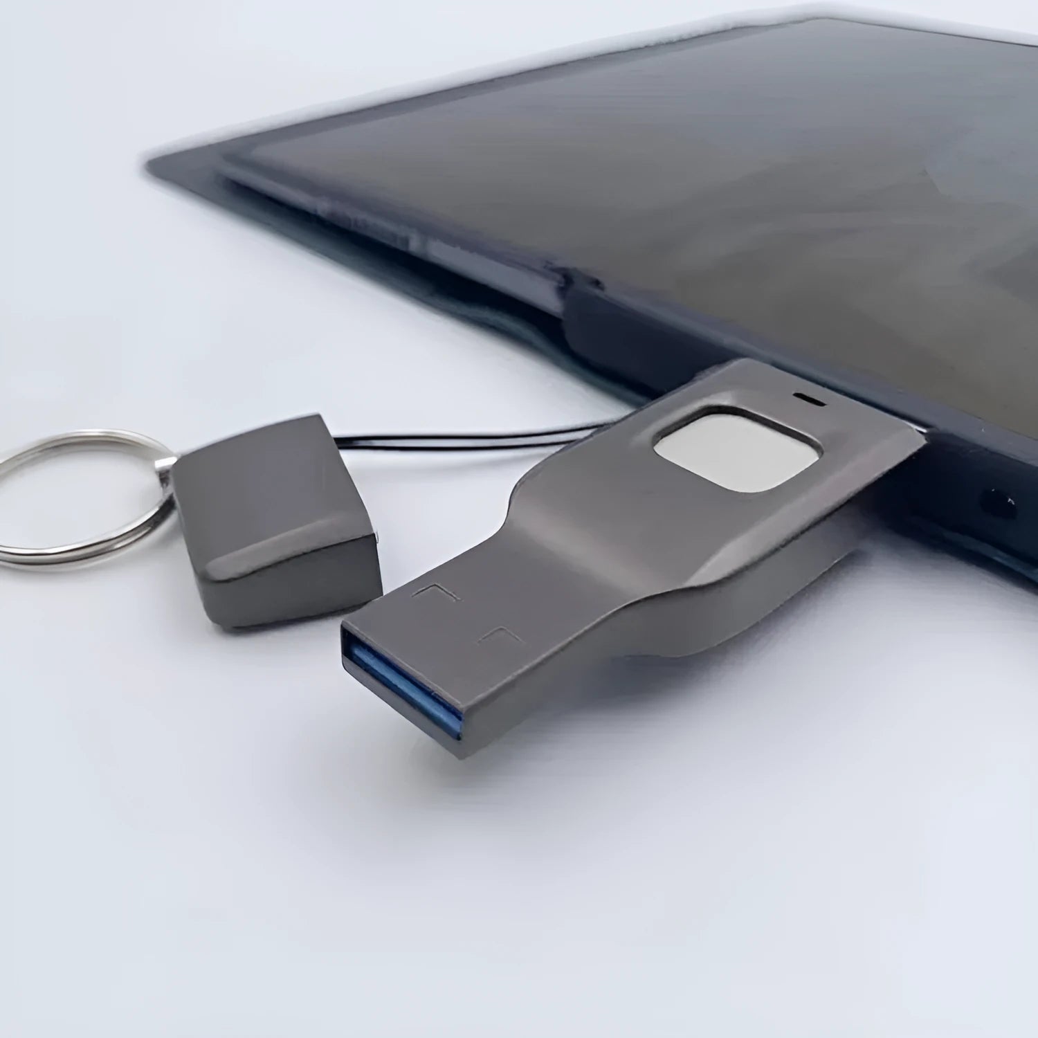 Black and silver fingerprint encrypted USB flash drive showing USB 3.0 and Type-C ports