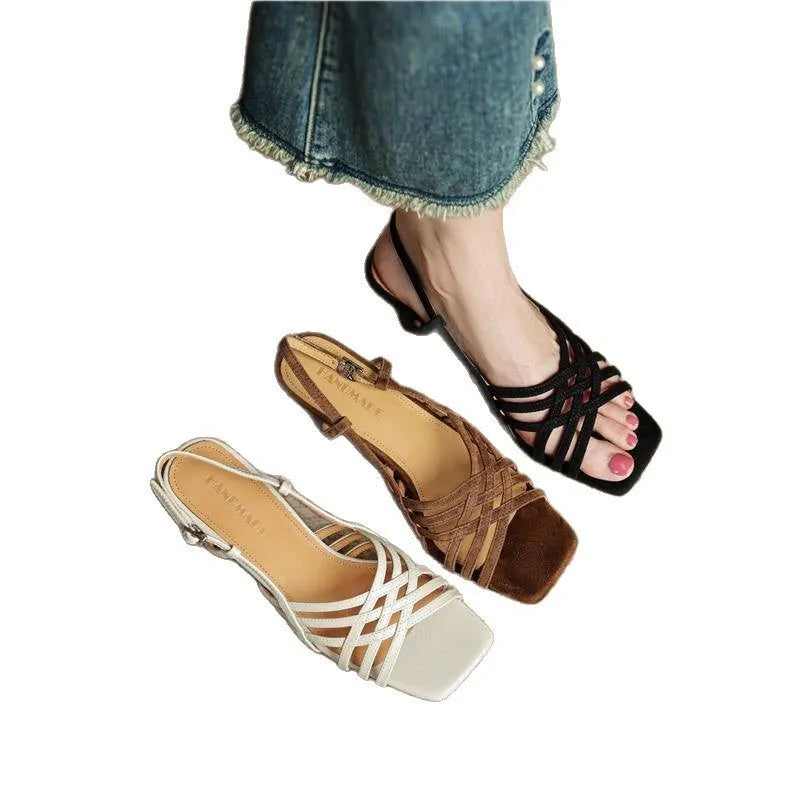 Light brown women's retro sandals with thin cross straps and an adjustable ankle buckle on a 3-6cm heel.
