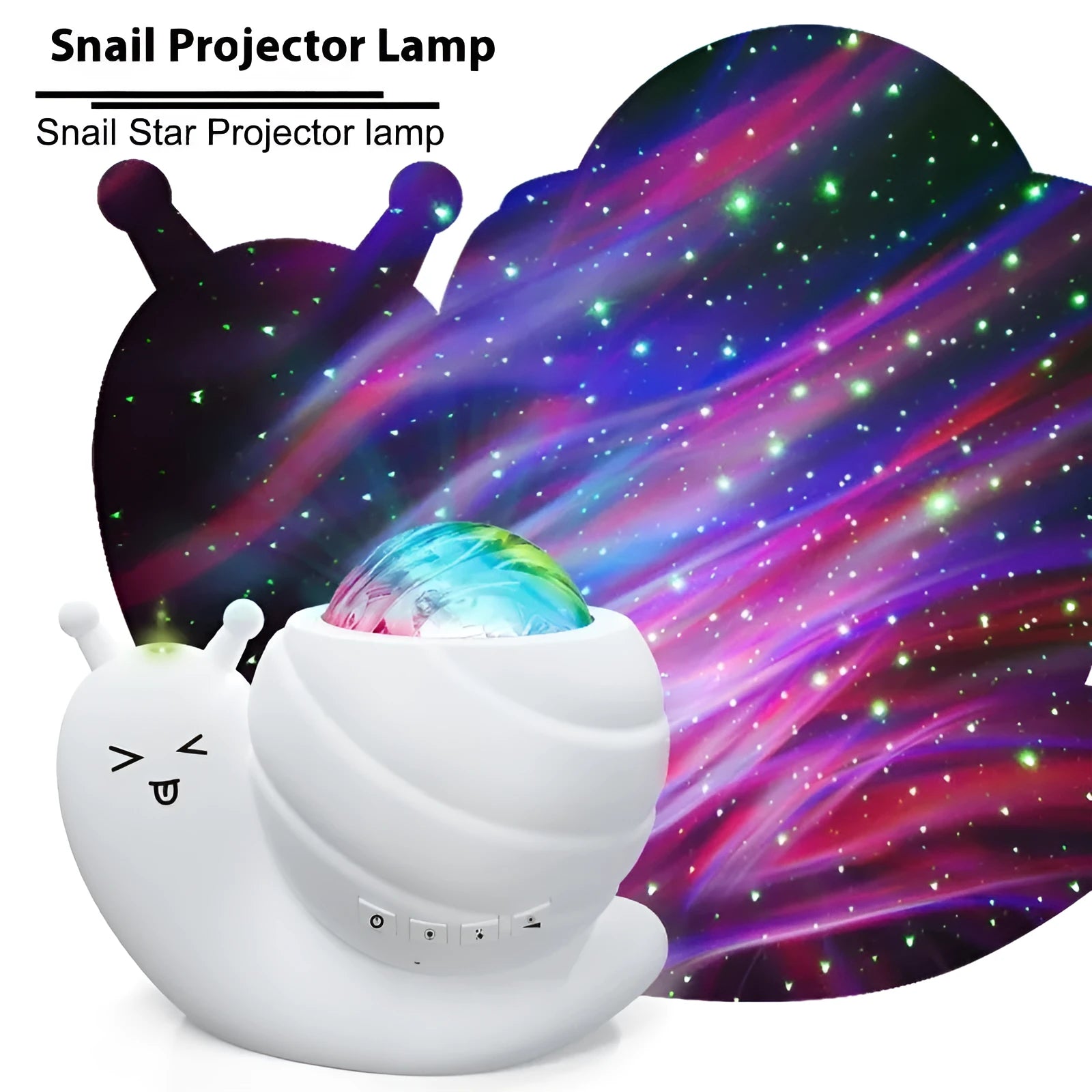 Snail-shaped starry sky projection lamp with remote control on bedside table