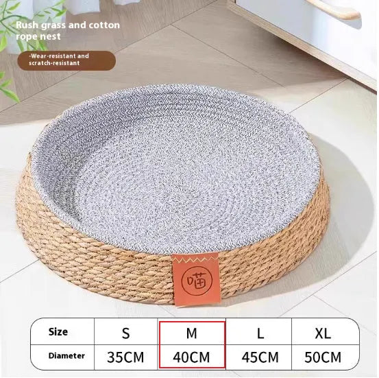 Natural woven rattan cat nest bed available in S, M, L, and XL sizes