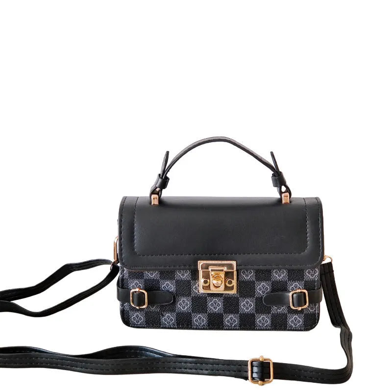 A retro-style apricot PU crossbody bag with a square shape, decorative stitching, and a visible file compartment inside.