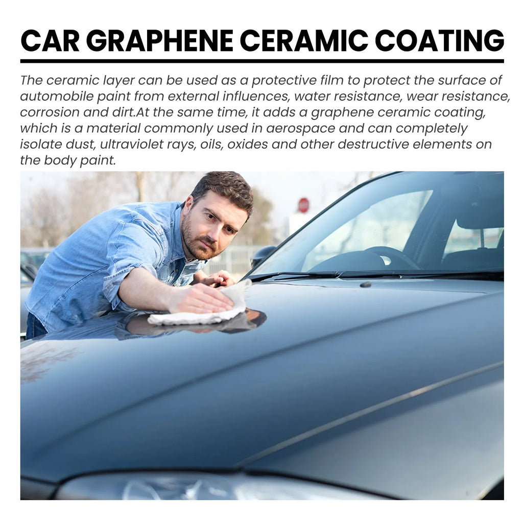 Automotive graphene ceramic coating kit showing 70ml bottle, sponge, towel, gloves and cloths