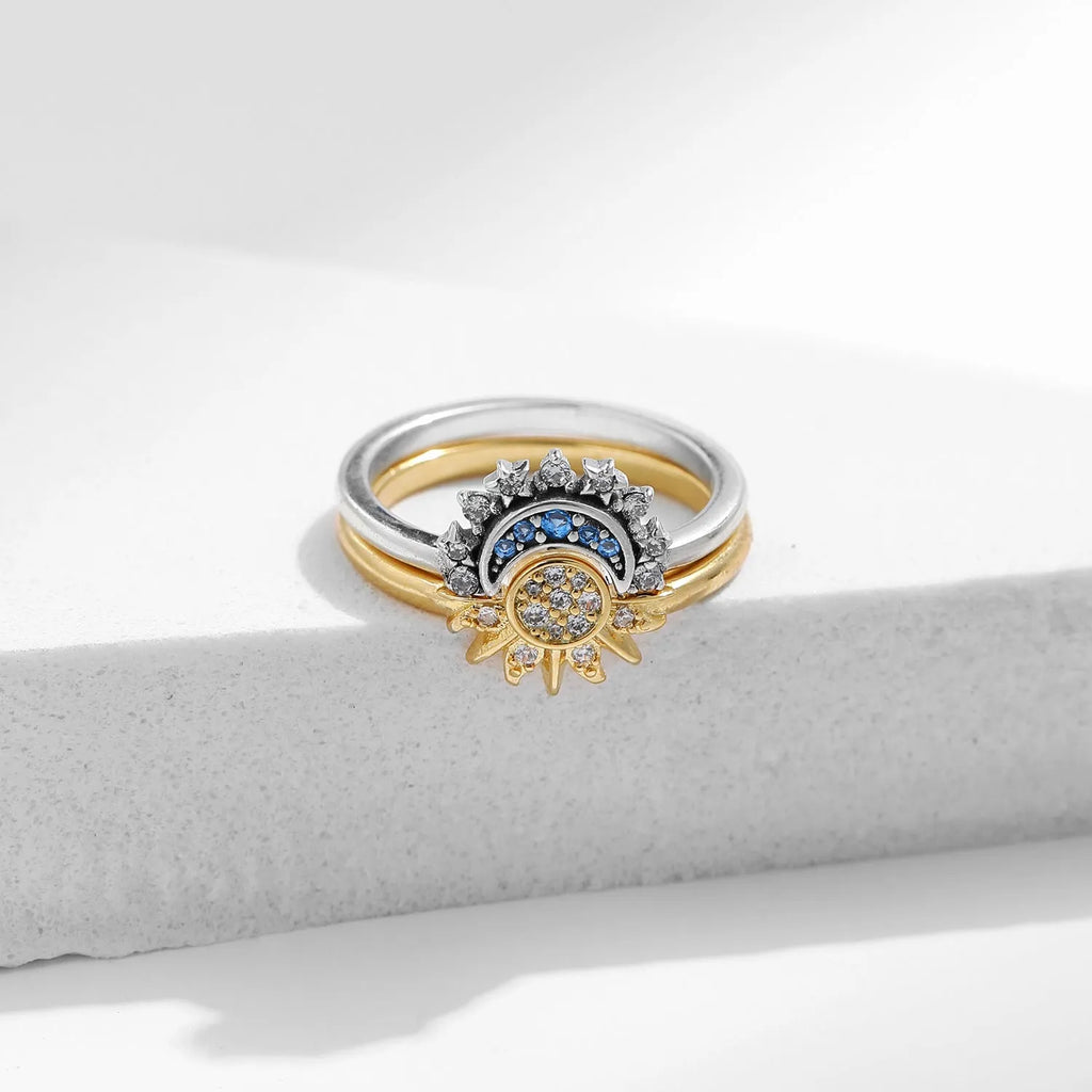 Twin wind sun moon 925 sterling silver ring, asymmetric design, on index finger, US size 7 54mm, colour 2004 Sun