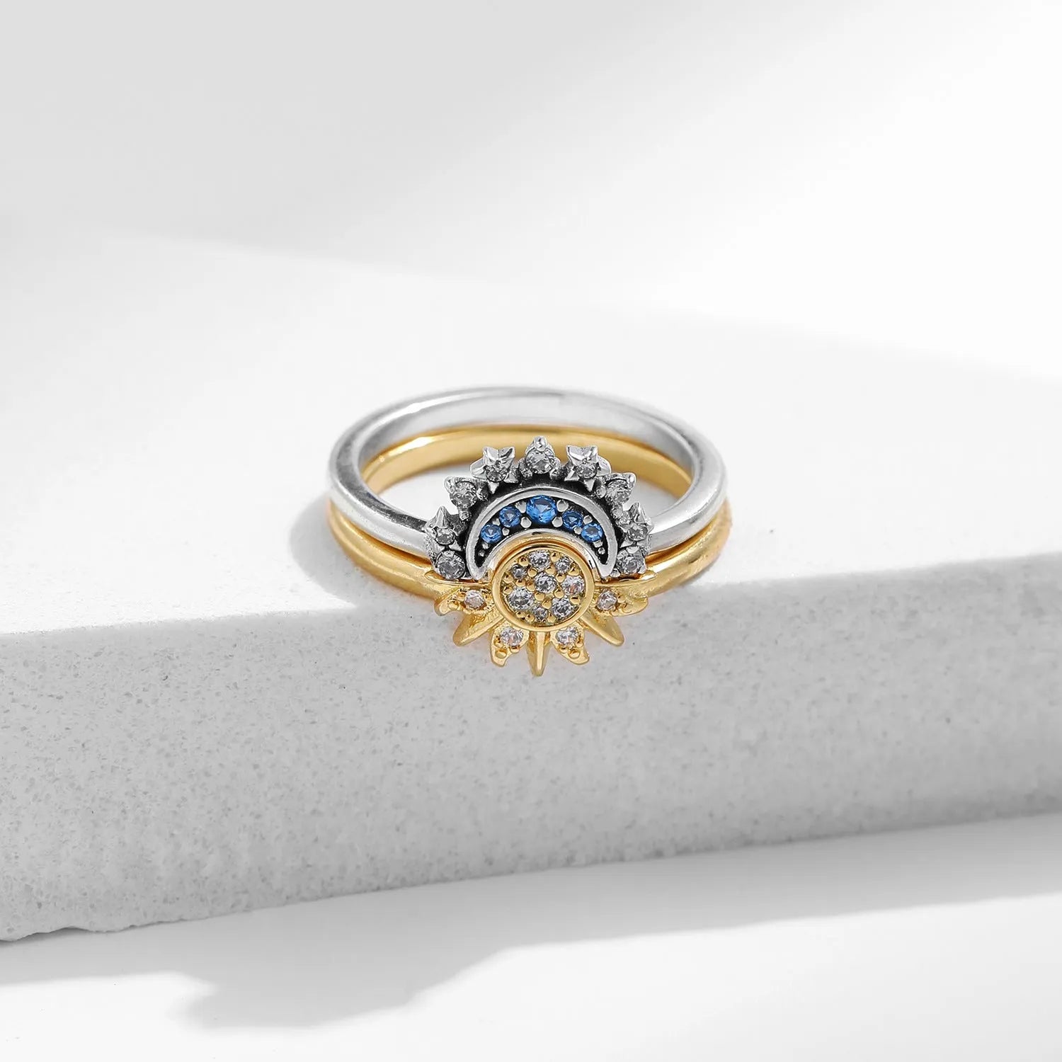 Twin wind sun moon 925 sterling silver ring, asymmetric design, on index finger, US size 7 54mm, colour 2004 Sun