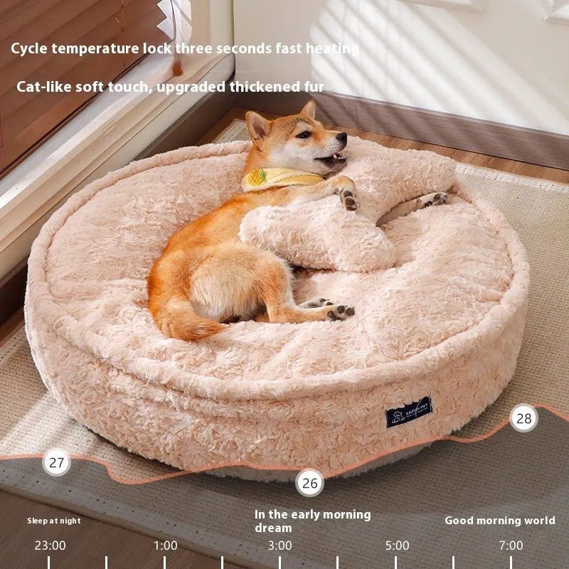 Round nest style pet bed in milk tea colour with a removable cloth cover, shown with S, M, L, XL size options.