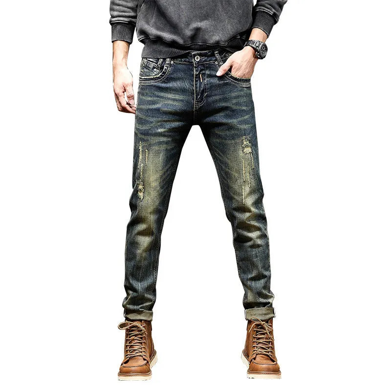 Men's slim-fit retro colour jeans with a zip fly, laid flat to show the skinny pant style.