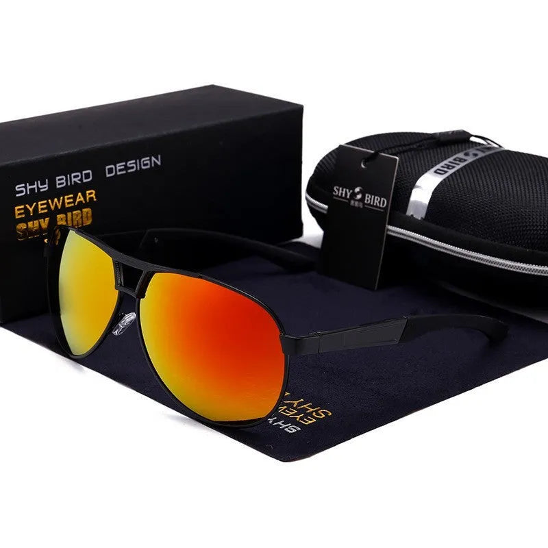 Men's orange red metal aviator sunglasses with polarised TAC lenses on a grey background