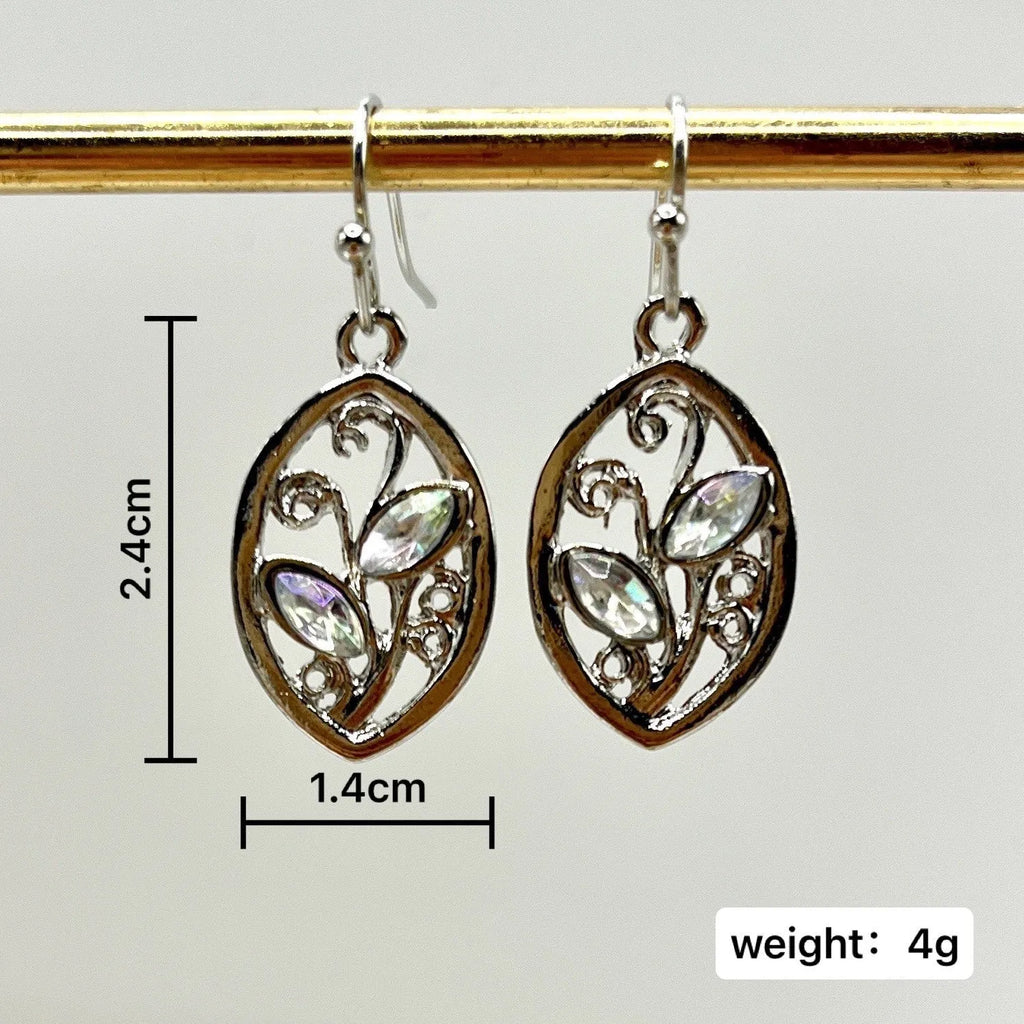 Silver alloy leaf earrings with embedded colourful moonstone, diamond cut treatment details