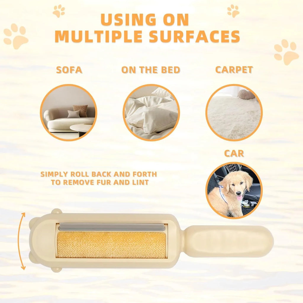 Blue reusable pet hair roller with self-cleaning base for furniture and car seats.