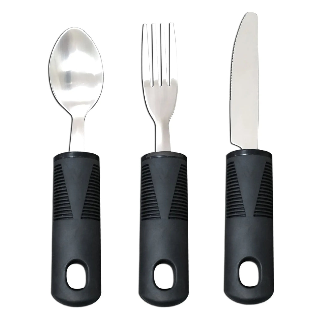 Stainless steel adaptive spoons and cutlery with black rubber handles for assisted eating.
