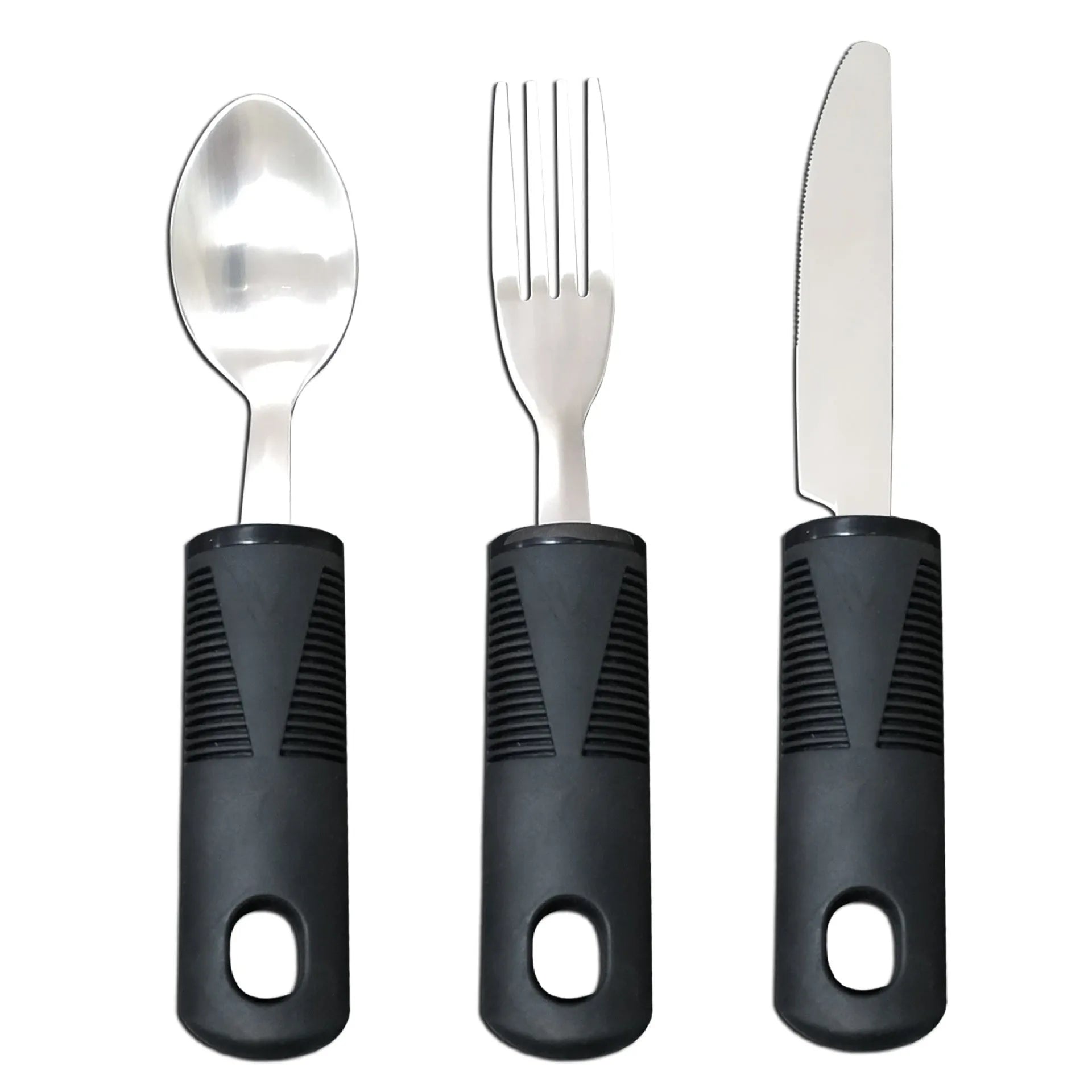 Stainless steel adaptive spoons and cutlery with black rubber handles for assisted eating.