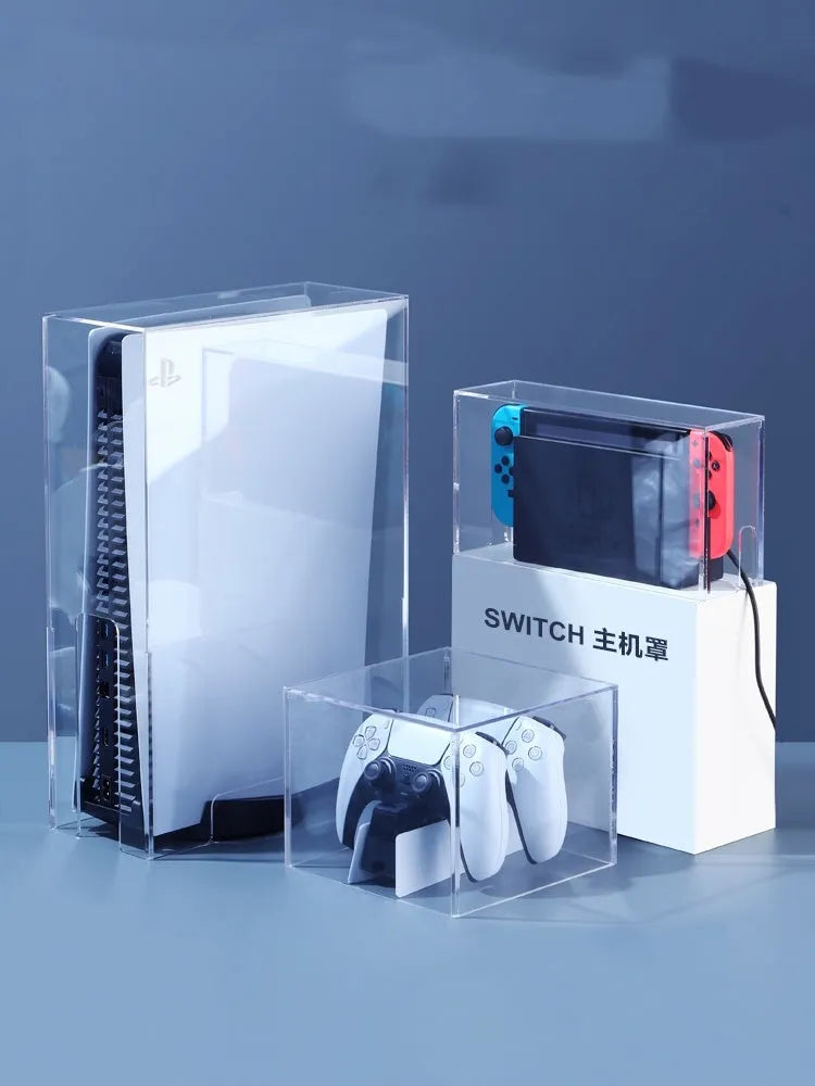 Acrylic transparent dust cover for PS5 optical drive version, vertical and horizontal styles, with breathable option and handle storage box.