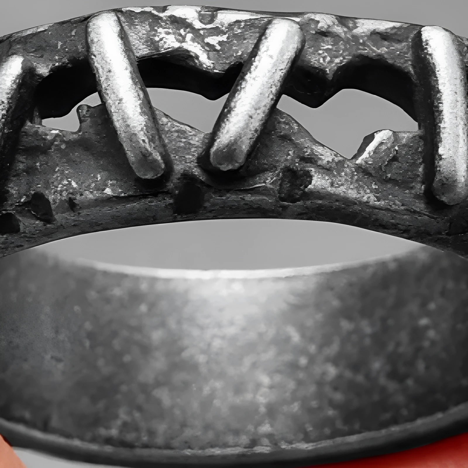 Dark punk stitching style stainless steel double ring on a size guide showing options 7 to 15.