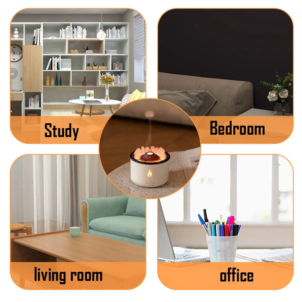 Black columnar ultrasonic essential oil humidifier diffuser with flame and jellyfish effects, 350ml, three fog outlets, 36dB quiet