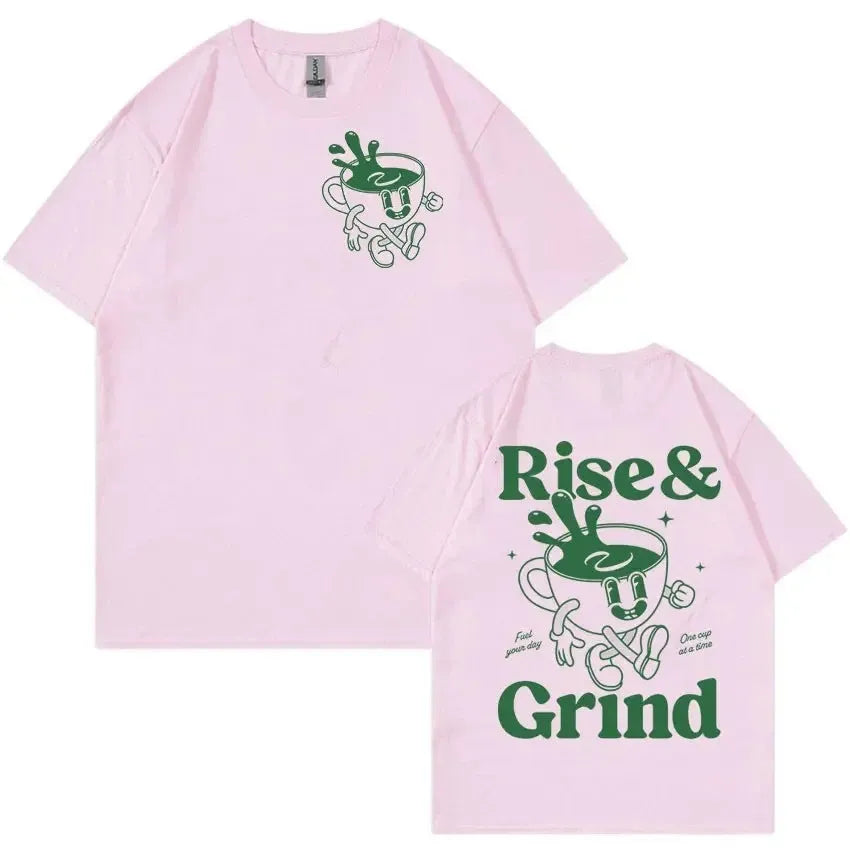 Loose fit linen t-shirt featuring a cartoon print of 'Rise And Grind' text with a green coffee expression bag.