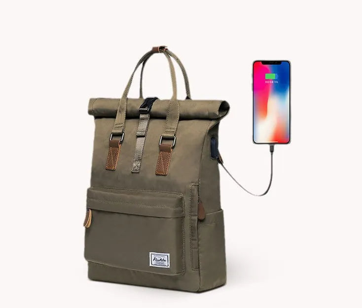 Black casual polyester backpack showing cover opening and internal laptop sleeve.