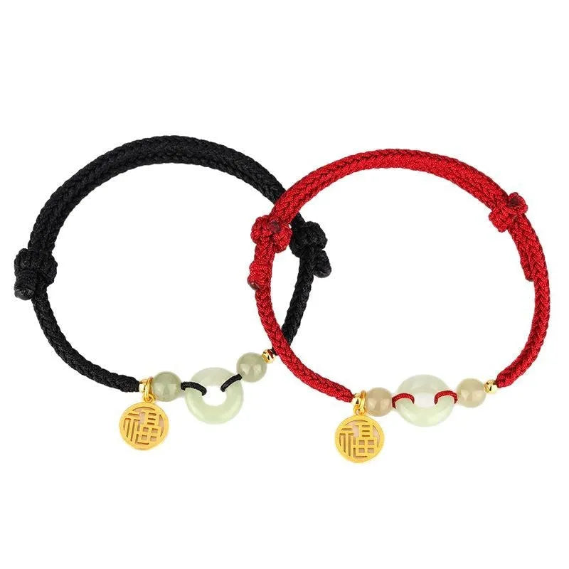 Silver geometric bracelet with Hetian jade peace buckle and black leather cord for card carrying