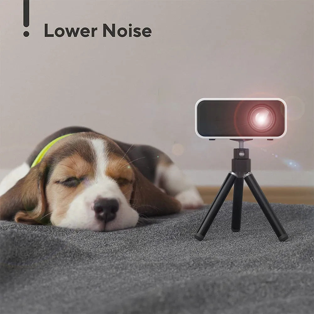 YT300 portable mini projector in black or white with remote control showing 100-inch projection capability