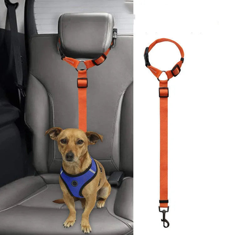 Car backseat pet leash for dogs made from polyester in nine colour options attached to a vehicle seatbelt