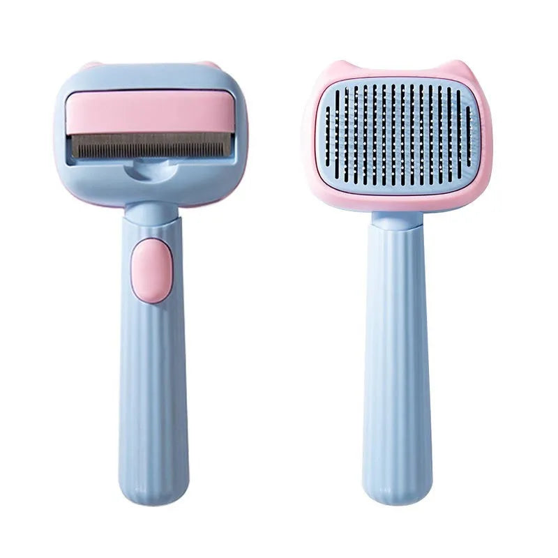 Blue double-sided pet grooming brush showing deshedding rake and dematting comb on a white background.