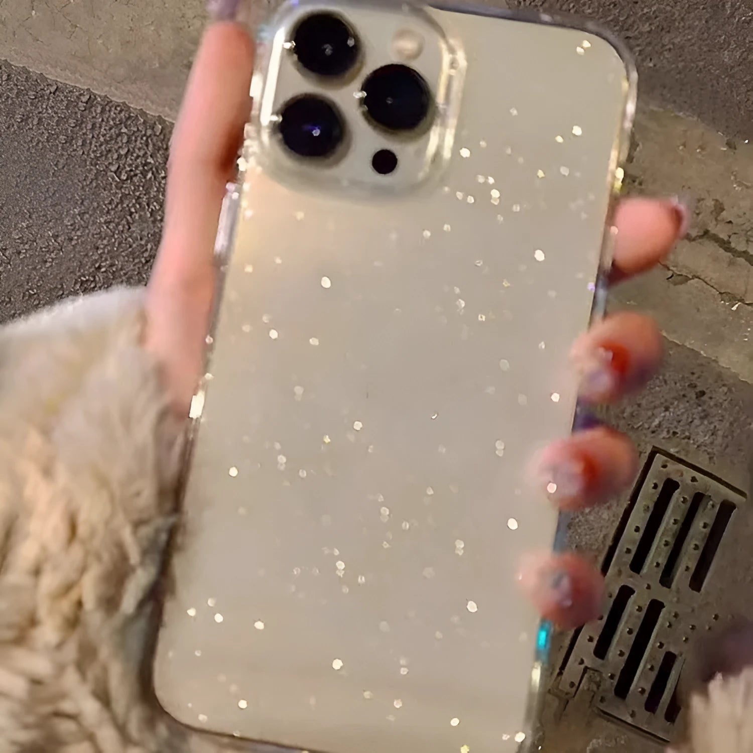 Transparent silicone phone case with thin glittering crystal finish for iPhone 16 series