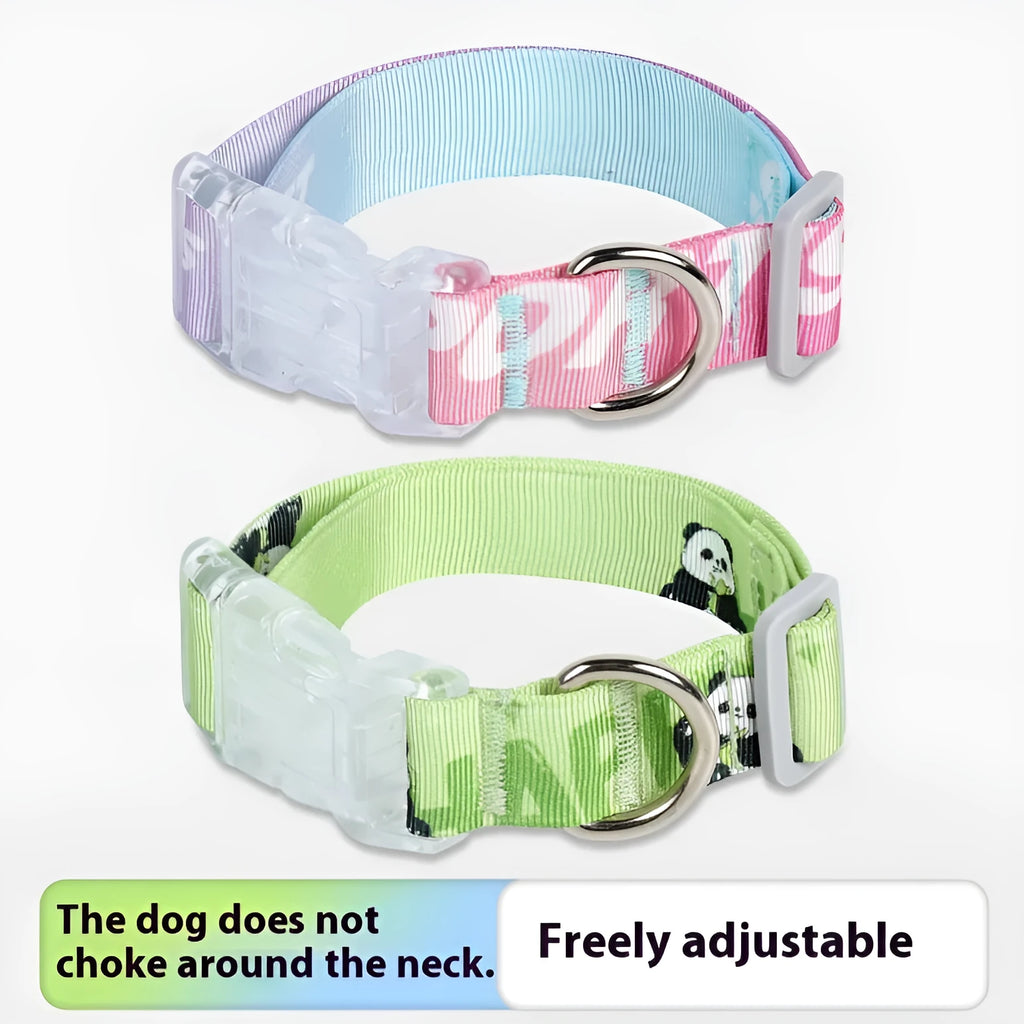 Adjustable nylon dog collar with cartoon gradient print and metal D-ring on a green background.