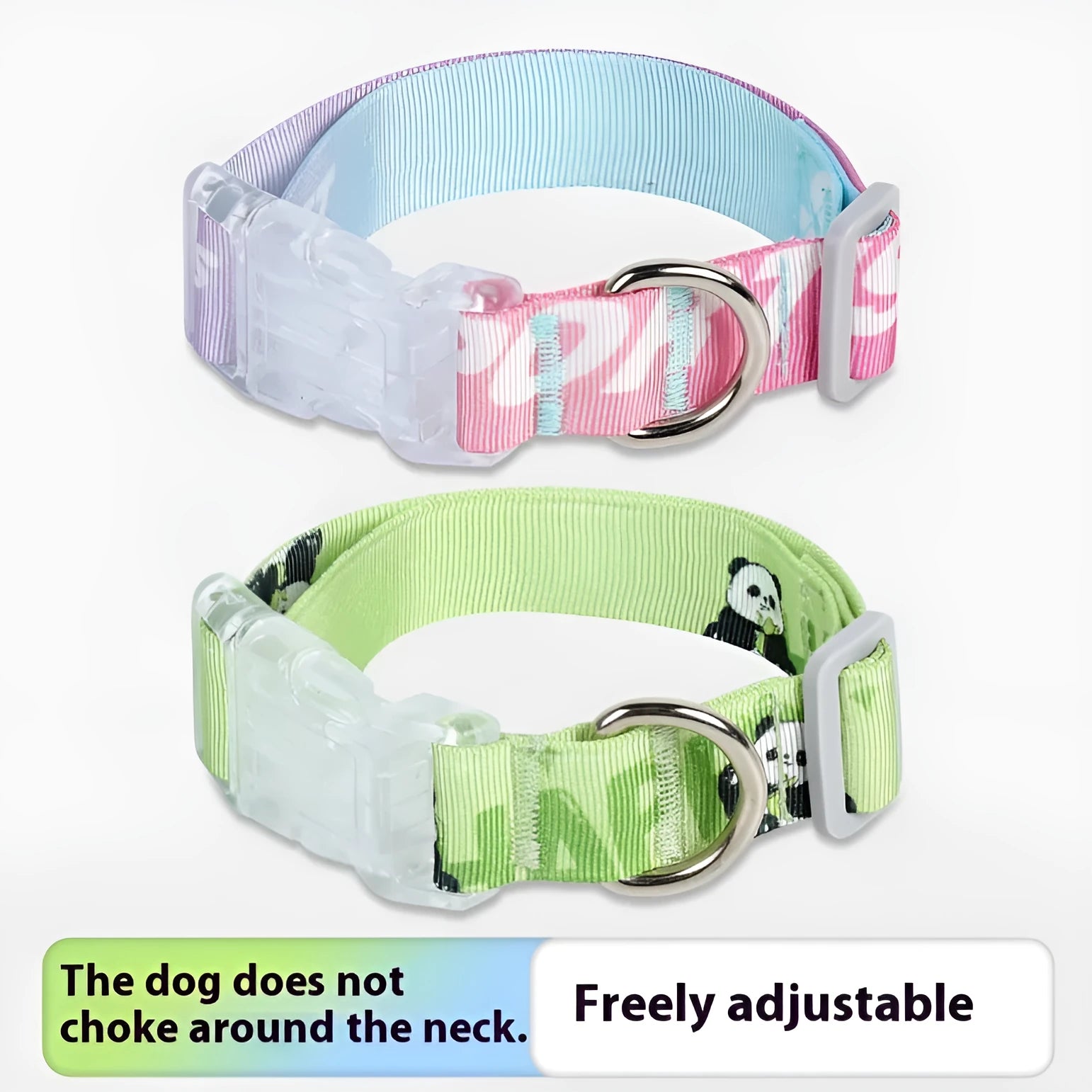 Adjustable nylon dog collar with cartoon gradient print and metal D-ring on a green background.