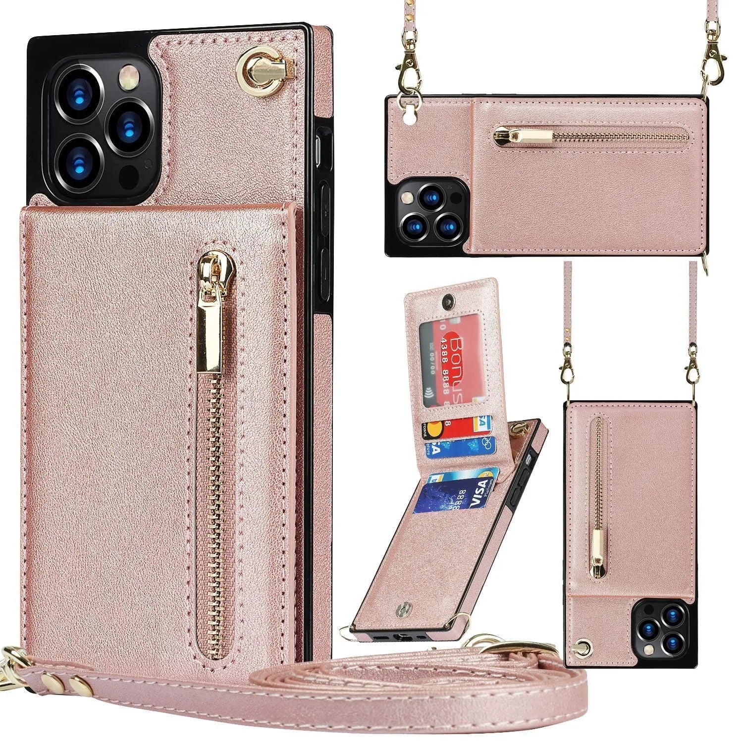 Black leather and TPU mobile phone case shown on a Samsung Galaxy S21 smartphone.