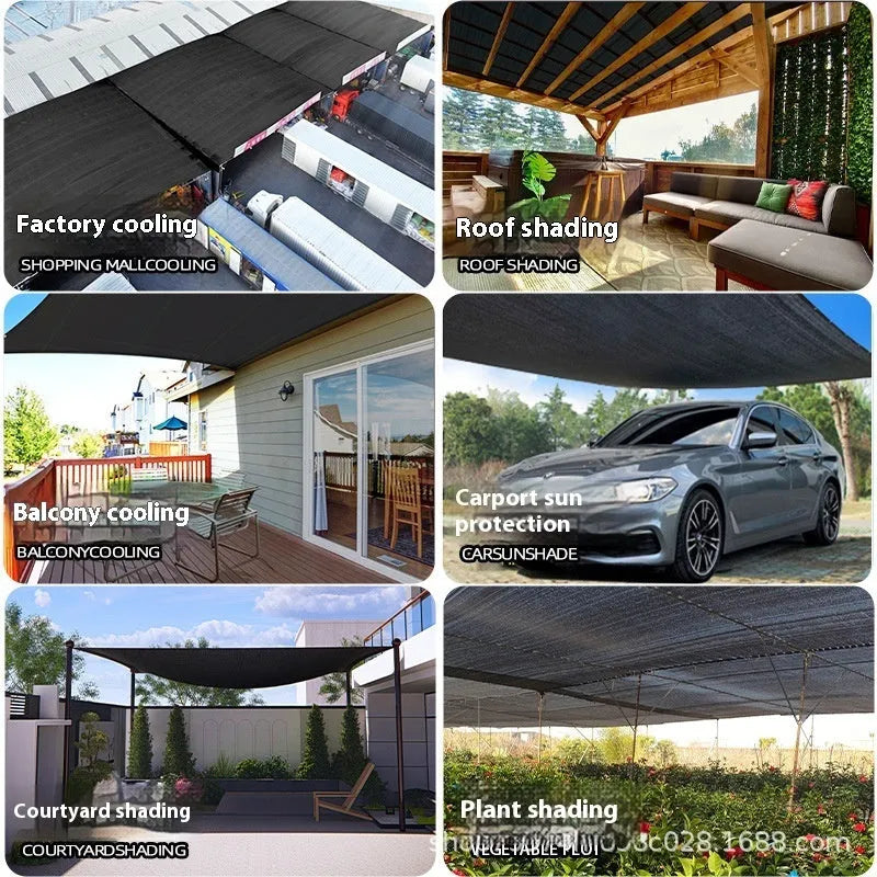Black polyethylene sunshade net with sewn hemming and reinforced cornerite, 98% shading rate, sizes 2x2m to 3x6m