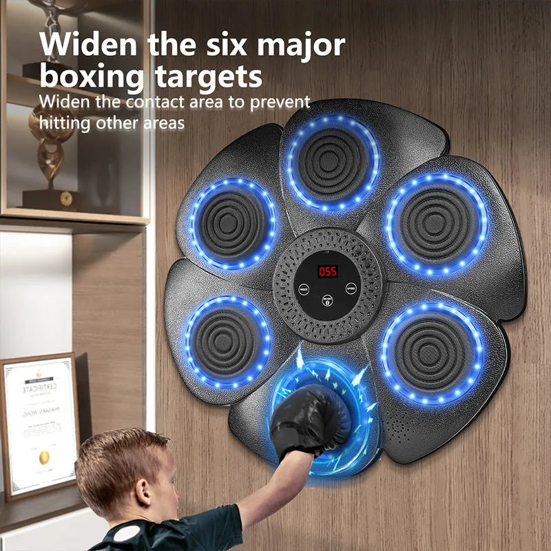 Black plastic smart boxing wall target with Bluetooth and lights, includes half-finger gloves.