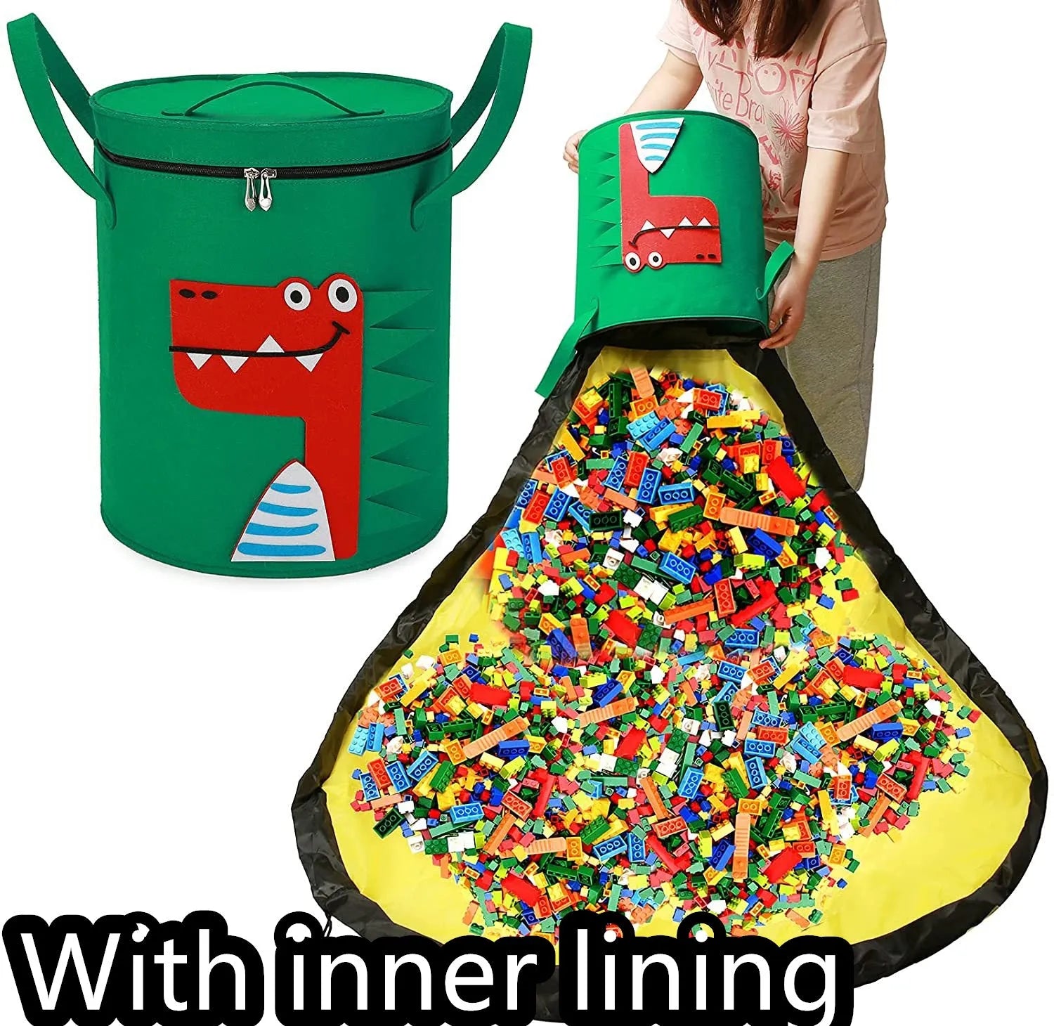 Green felt cube storage bag with pull rope, shown both as a flat play mat and gathered toy bag